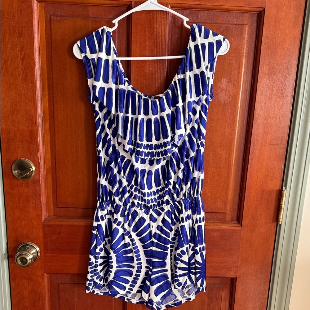 Trina Turk Blue and White Geometric Off Shoulder Romper